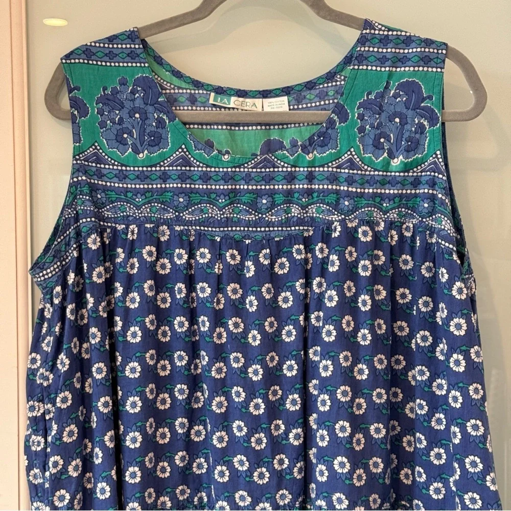 La Cera 100% Cotton Floral Print Sleeveless Midi Dress Blue and Green Size XLP